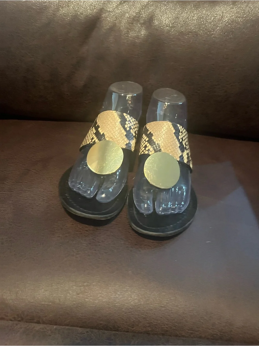 Tory Burch Black & Tan Snake-Print Slide Mules with Gold Disc